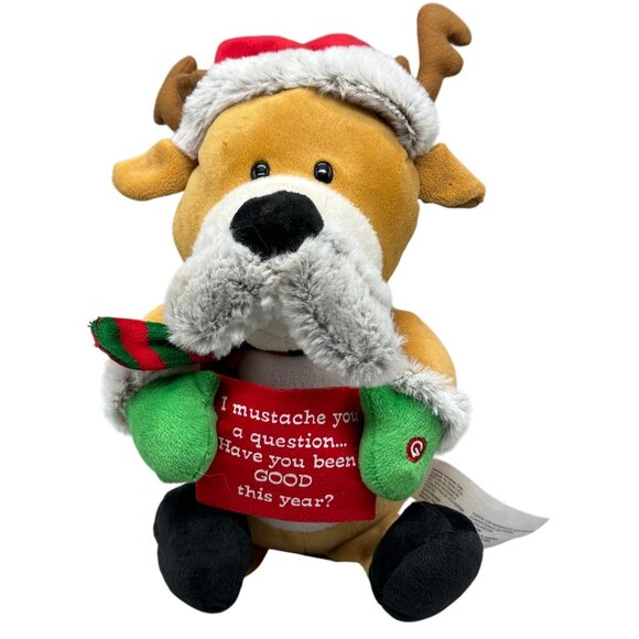 Gemmy Holiday Reindeer Plush Toy With Santa Hat & Mustache Scarf Used READ - Picture 1 of 7